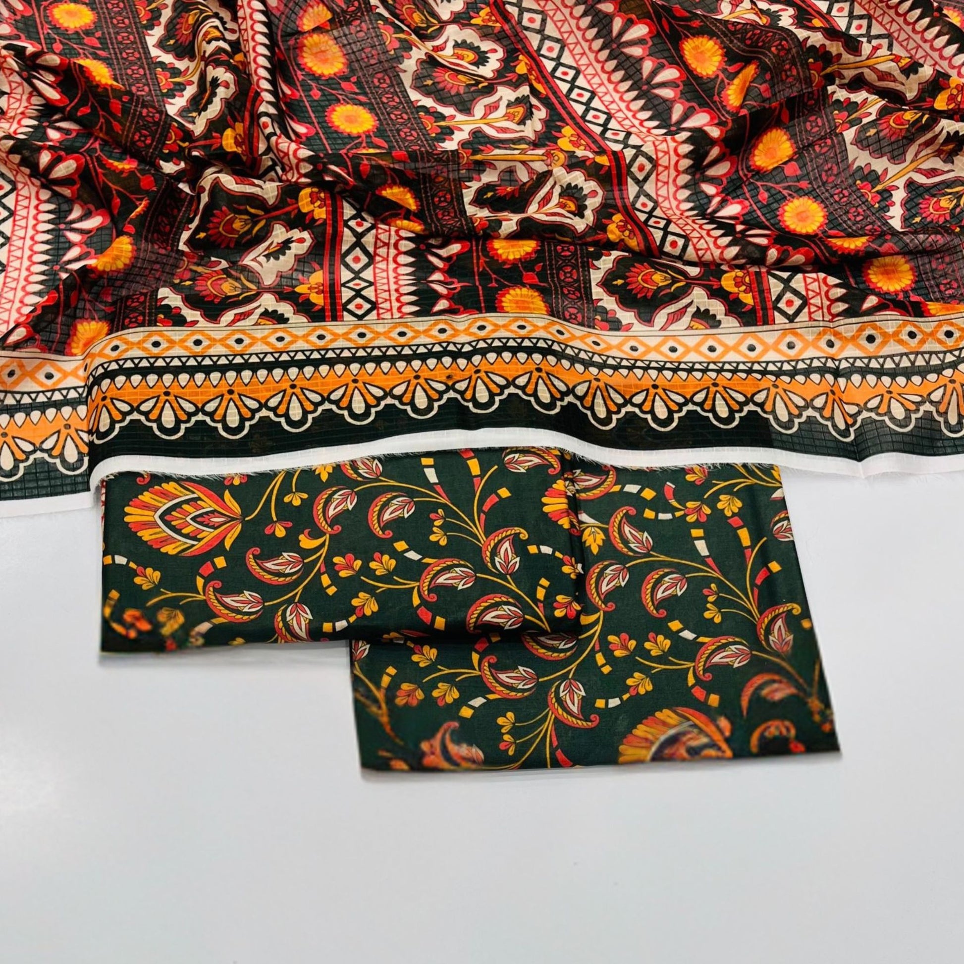 Patterned unstitched 3-piece lawn suit fabric with ethnic print