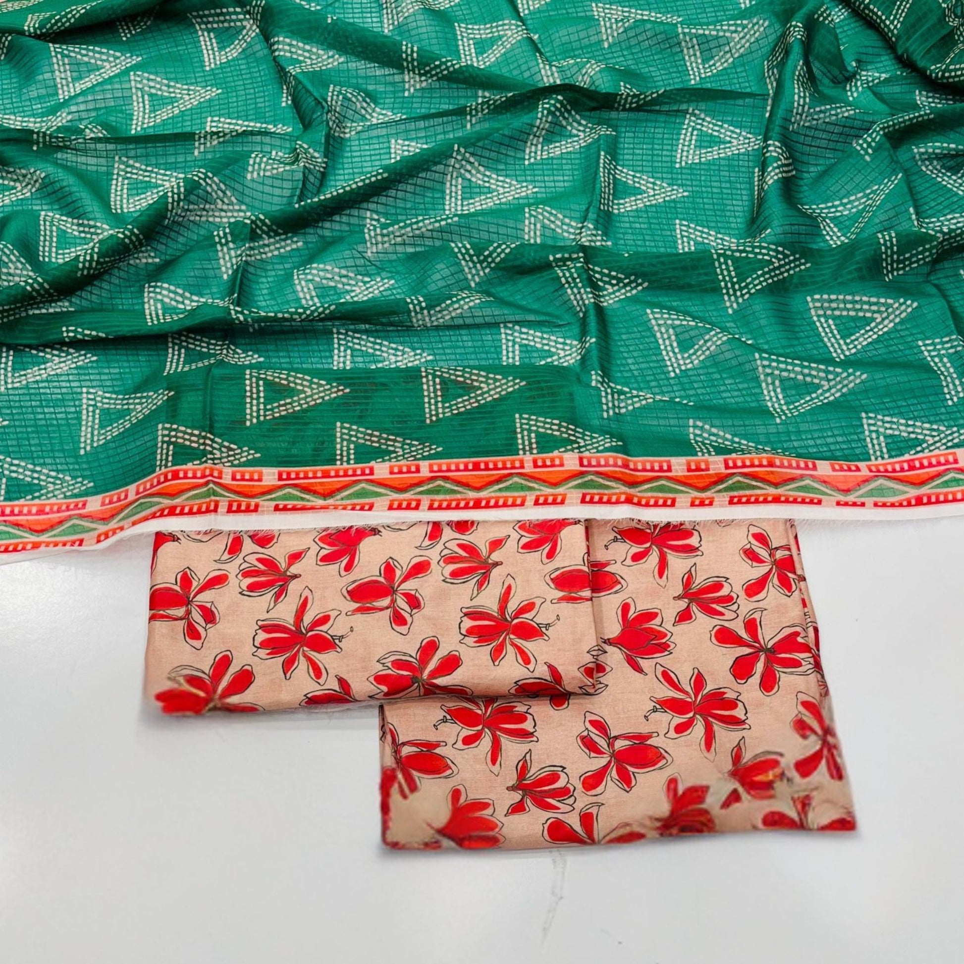 Patterned unstitched 3-piece lawn suit fabric with ethnic print