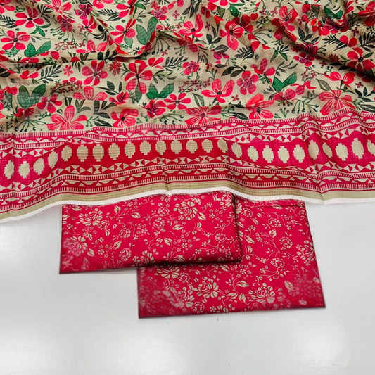 Patterned unstitched 3-piece lawn suit fabric with ethnic print