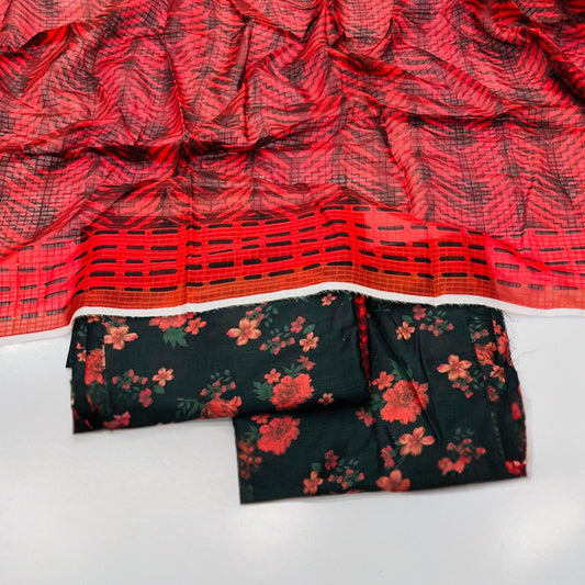 Patterned unstitched 3-piece lawn suit fabric with ethnic print