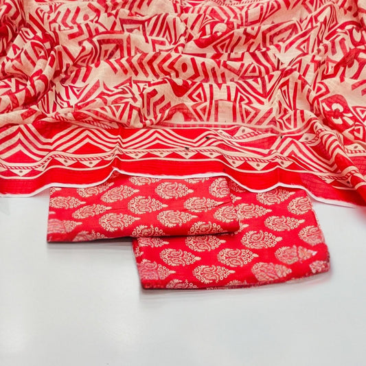 Patterned unstitched 3-piece lawn suit fabric with ethnic print